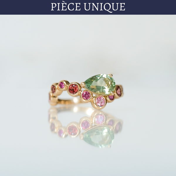 Bague Flora Tourmaline verte poire saphirs roses taille brillant