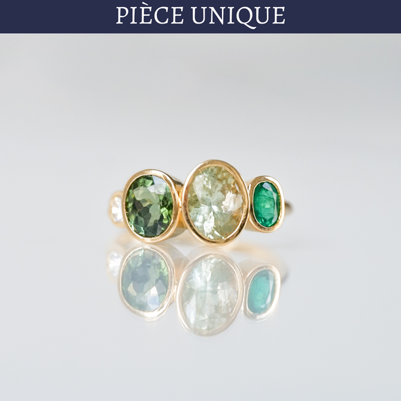 Bague Zoé diamant brillant, tourmalines et emeraude ovales