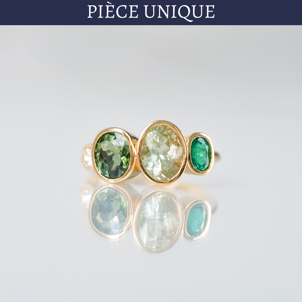 Bague Zoé diamant brillant, tourmalines et emeraude ovales