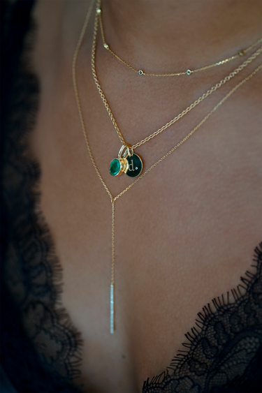 NOEL-BIJOUX DE 500€ A 2000€-ACCUMULATION COLLIER DIAMANTS BRUNS ALBA-CHAINE ANTIQUE-MÉDAILLE ALBA-PENDENTIF EMERAUDE-COLLIER LONG IRIS